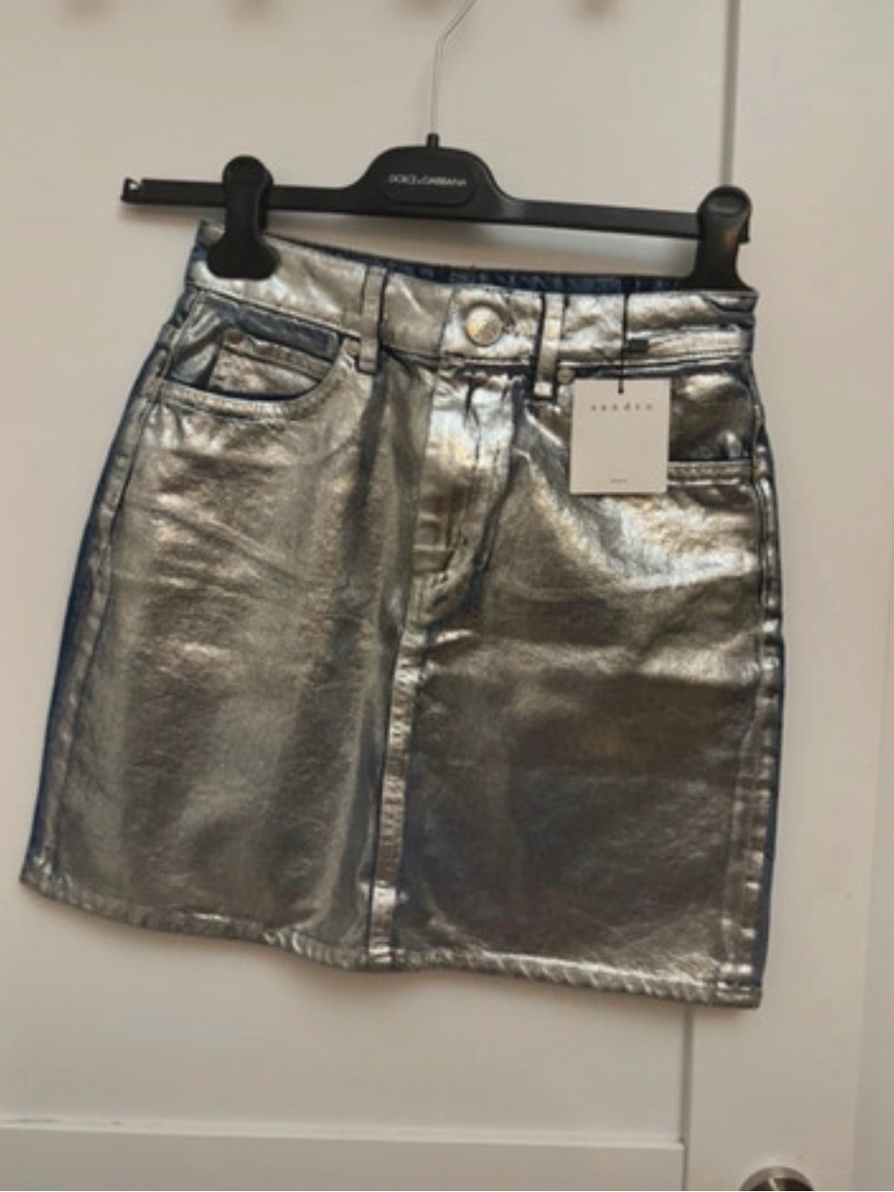 NWT Sandro Paris Silver Metallic Coated Denim Mini Skirt